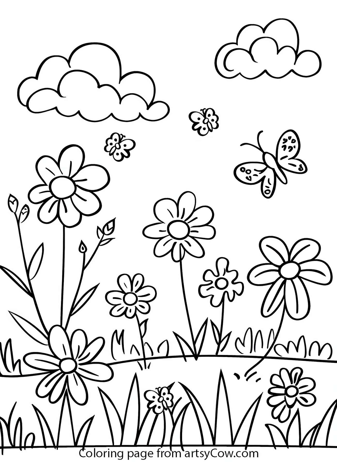 Sunny Spring Meadow Scene Coloring Page
